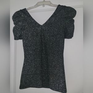 Express Sandro Glam Shimmer Metallic Silver Top XS Shirt Puff Sleeves Black EUC